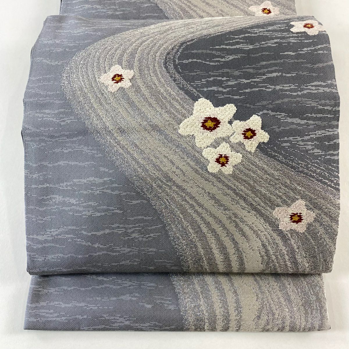 袋帶 名品級 大和 梅花 流水 刺繡 灰 深藍 六通 純蠶絲