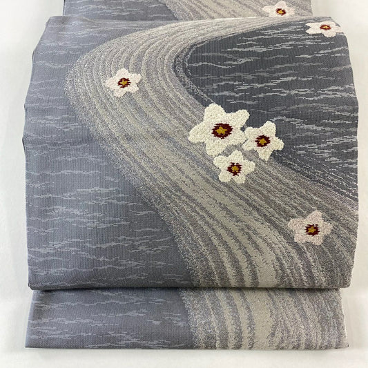 袋帶 名品級 大和 梅花 流水 刺繡 灰 深藍 六通 純蠶絲