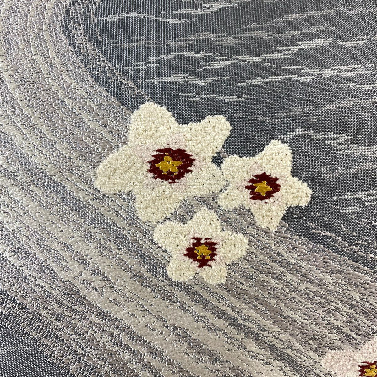 袋帶 名品級 大和 梅花 流水 刺繡 灰 深藍 六通 純蠶絲