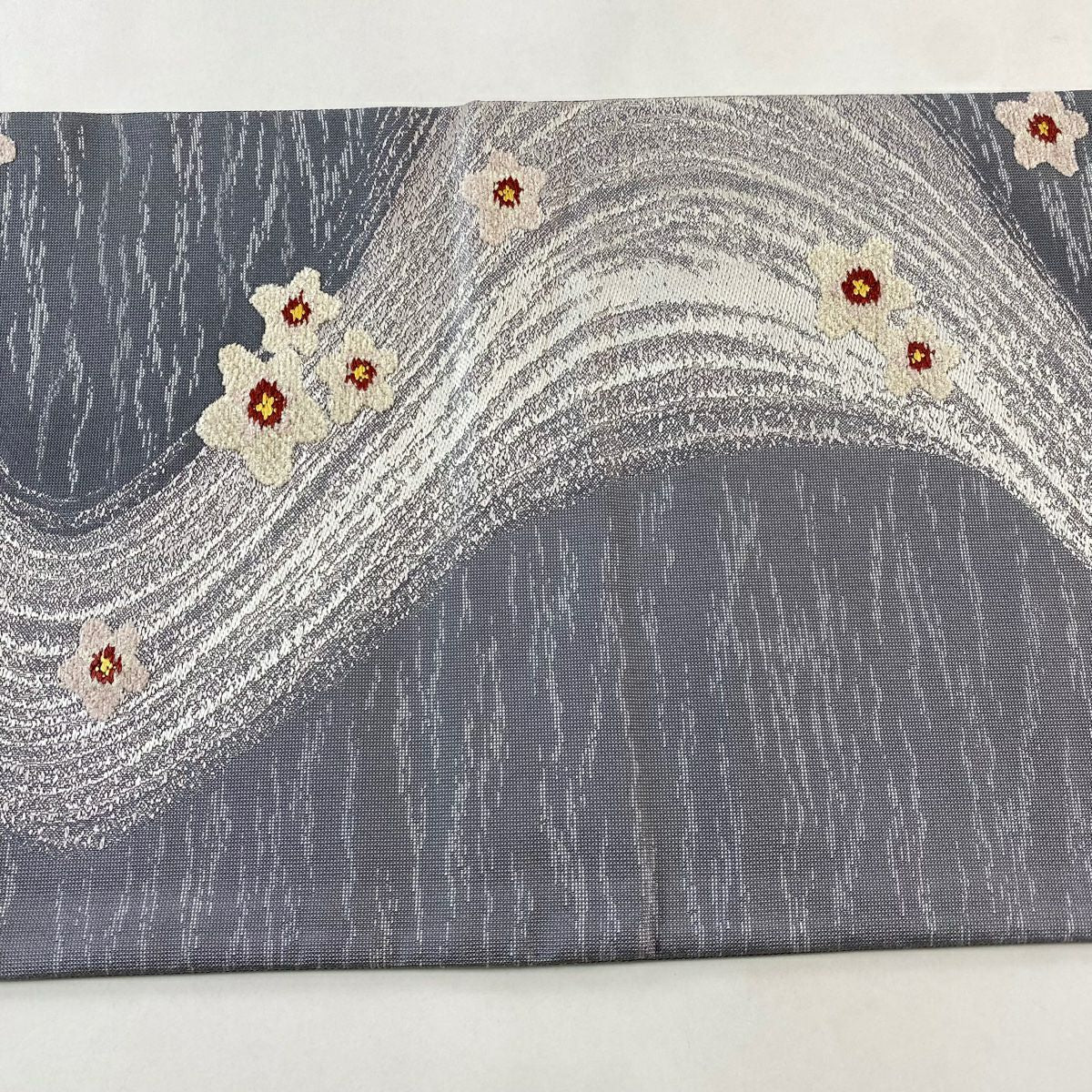 袋帶 名品級 大和 梅花 流水 刺繡 灰 深藍 六通 純蠶絲