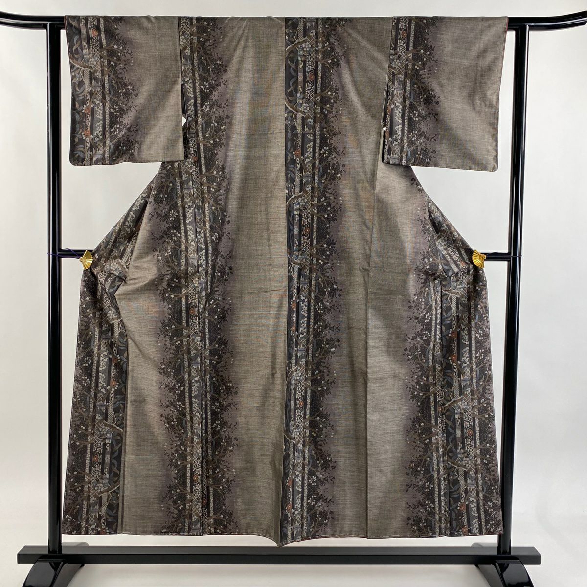 【美品】 紬織織 身長153cm 袖長60.5cm S 雙層 枝花 輪廓 焦茶 純蠶絲 秀品級