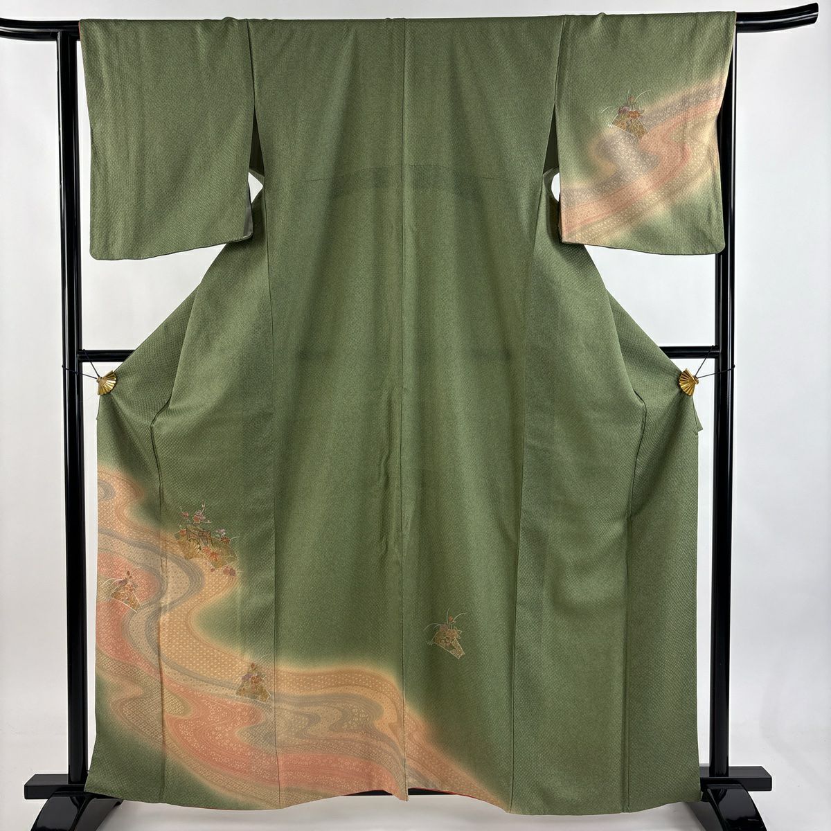 【美品】訪問服 身長163cm 袖長65.5cm M 雙層 流水 御所車 金銀彩 刺繡 艾草色 純蠶絲 秀品級