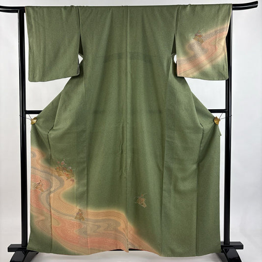 【美品】訪問服 身長163cm 袖長65.5cm M 雙層 流水 御所車 金銀彩 刺繡 艾草色 純蠶絲 秀品級