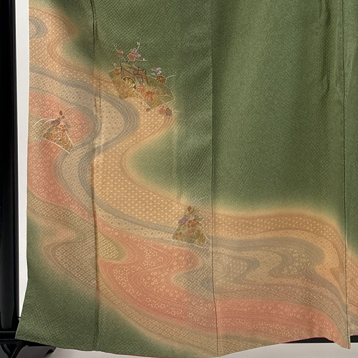 【美品】訪問服 身長163cm 袖長65.5cm M 雙層 流水 御所車 金銀彩 刺繡 艾草色 純蠶絲 秀品級