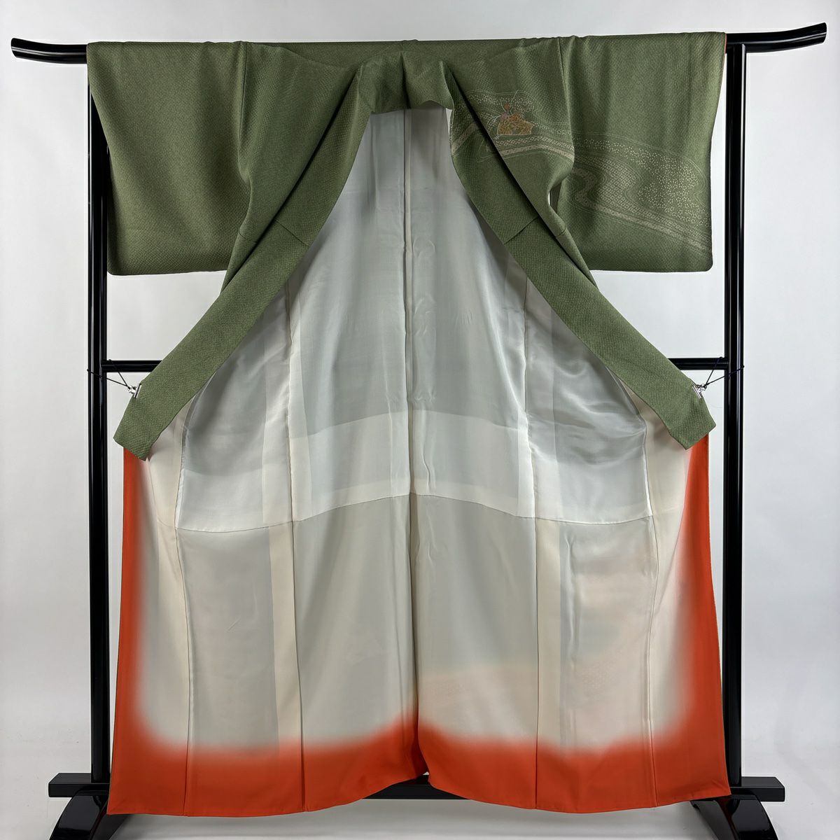 【美品】訪問服 身長163cm 袖長65.5cm M 雙層 流水 御所車 金銀彩 刺繡 艾草色 純蠶絲 秀品級