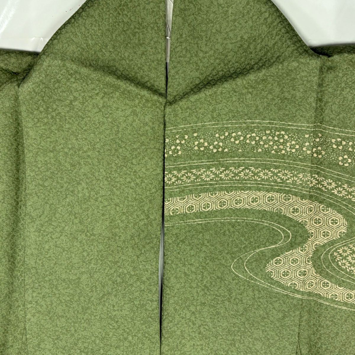 【美品】訪問服 身長163cm 袖長65.5cm M 雙層 流水 御所車 金銀彩 刺繡 艾草色 純蠶絲 秀品級