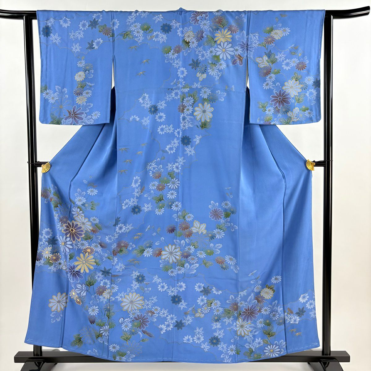 訪問服 身長158.5cm 袖長63cm S 雙層 菊花 雲紋 金絲 刺繡 藍 純蠶絲 秀品級