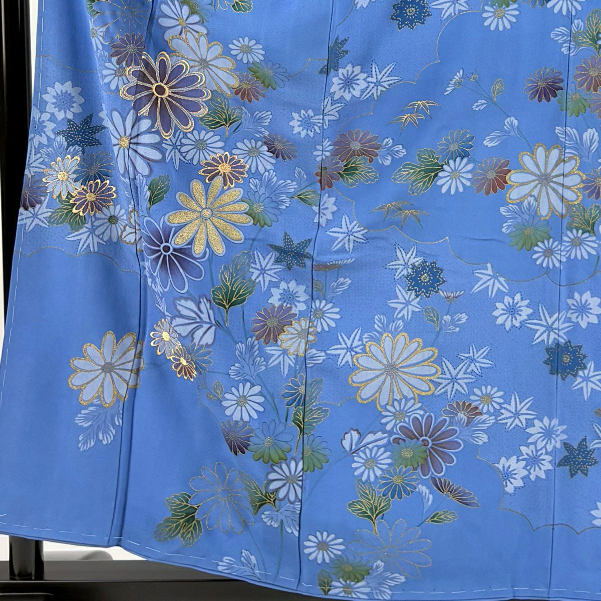 訪問服 身長158.5cm 袖長63cm S 雙層 菊花 雲紋 金絲 刺繡 藍 純蠶絲 秀品級