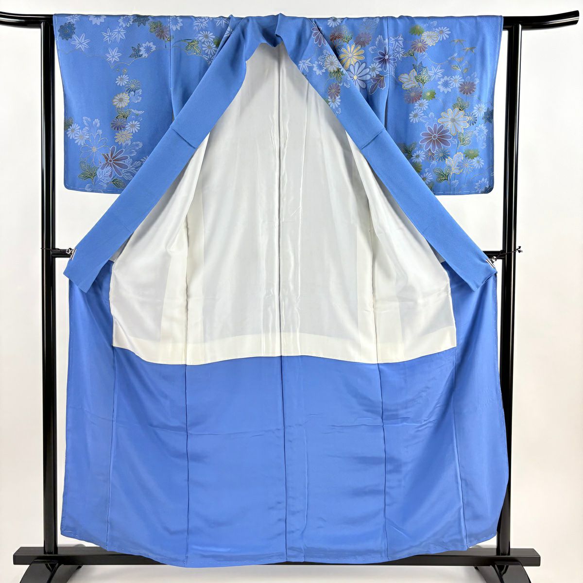訪問服 身長158.5cm 袖長63cm S 雙層 菊花 雲紋 金絲 刺繡 藍 純蠶絲 秀品級