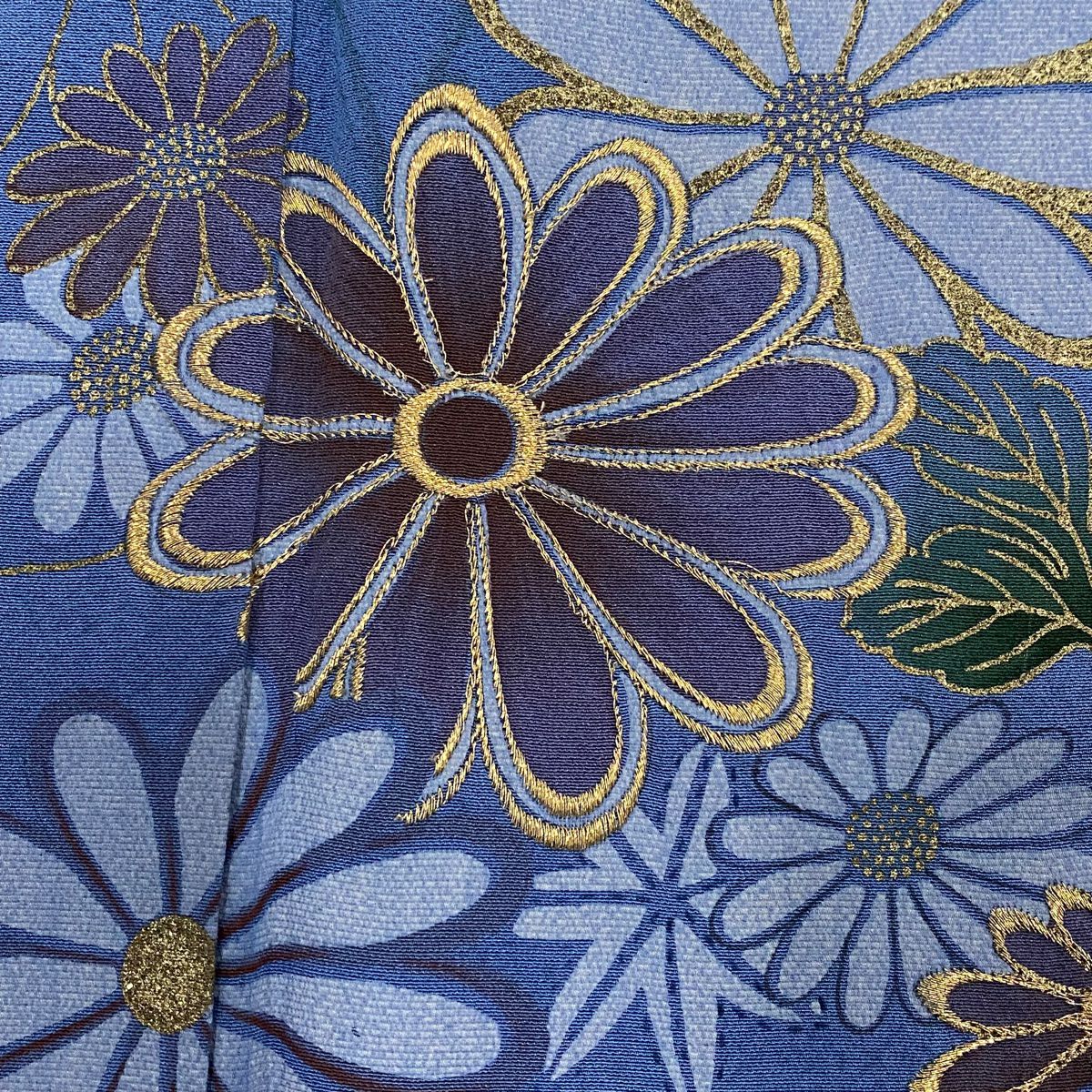 訪問服 身長158.5cm 袖長63cm S 雙層 菊花 雲紋 金絲 刺繡 藍 純蠶絲 秀品級