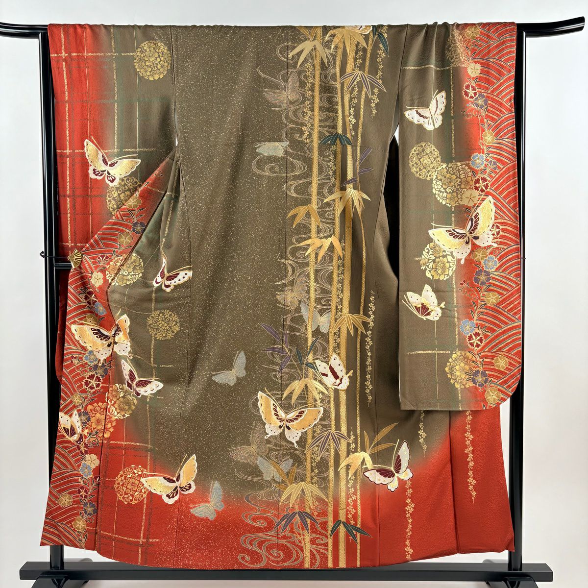 振袖禮服 身長154.5cm 袖長67cm M 雙層 蝶 華紋 金絲 金銀彩 灰茶 純蠶絲 秀品級