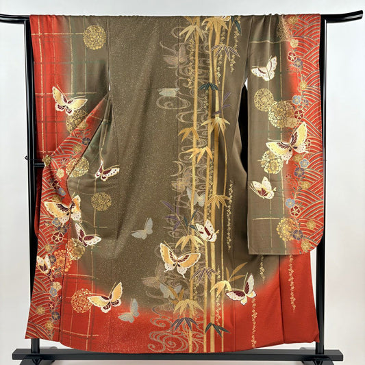 振袖禮服 身長154.5cm 袖長67cm M 雙層 蝶 華紋 金絲 金銀彩 灰茶 純蠶絲 秀品級