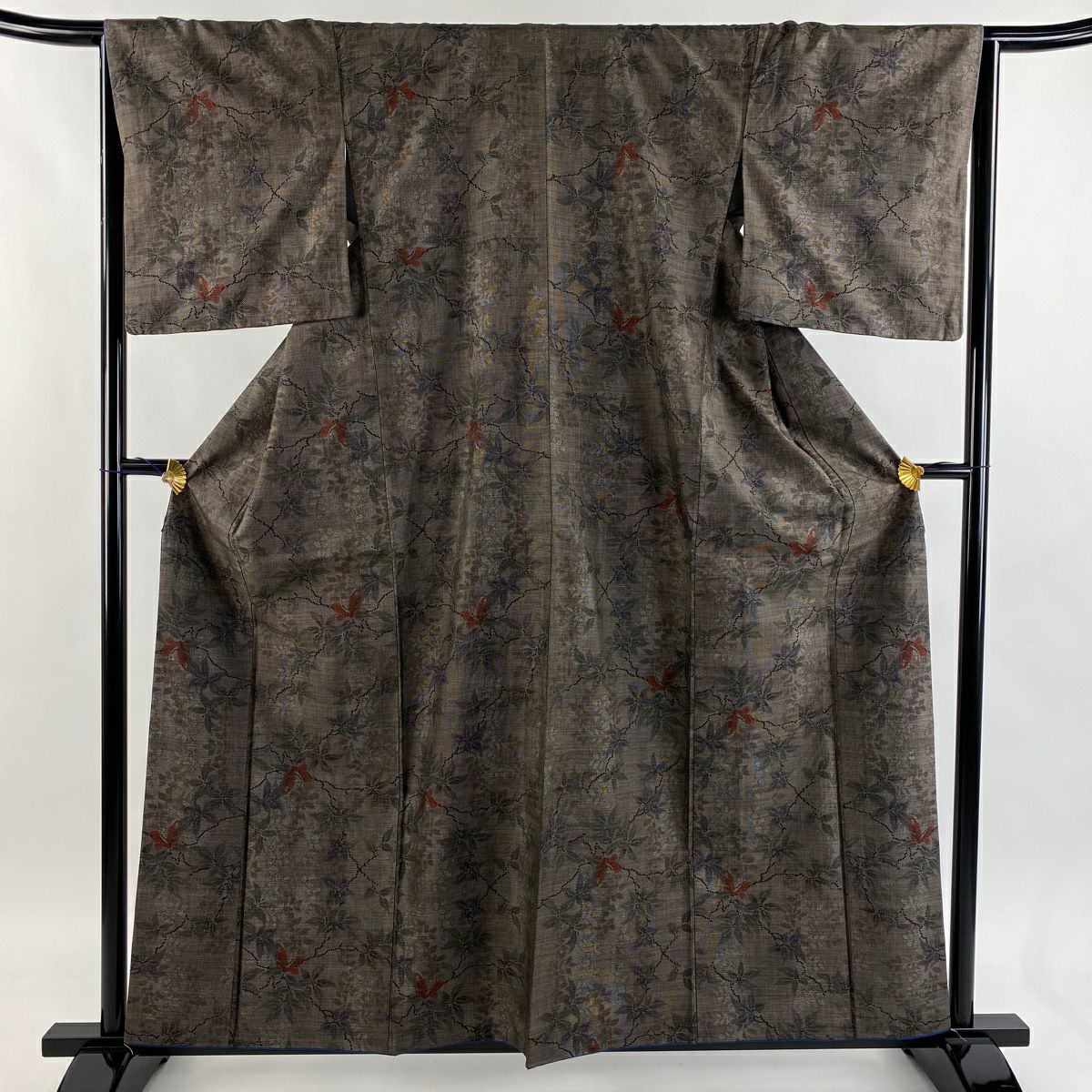 【美品】 紬織 身長159cm 袖長65cm M 雙層 枝花 焦茶 純蠶絲 秀品級