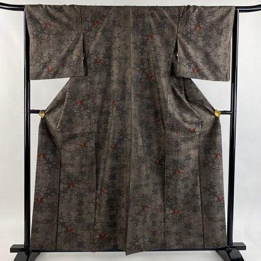 【美品】 紬織 身長159cm 袖長65cm M 雙層 枝花 焦茶 純蠶絲 秀品級