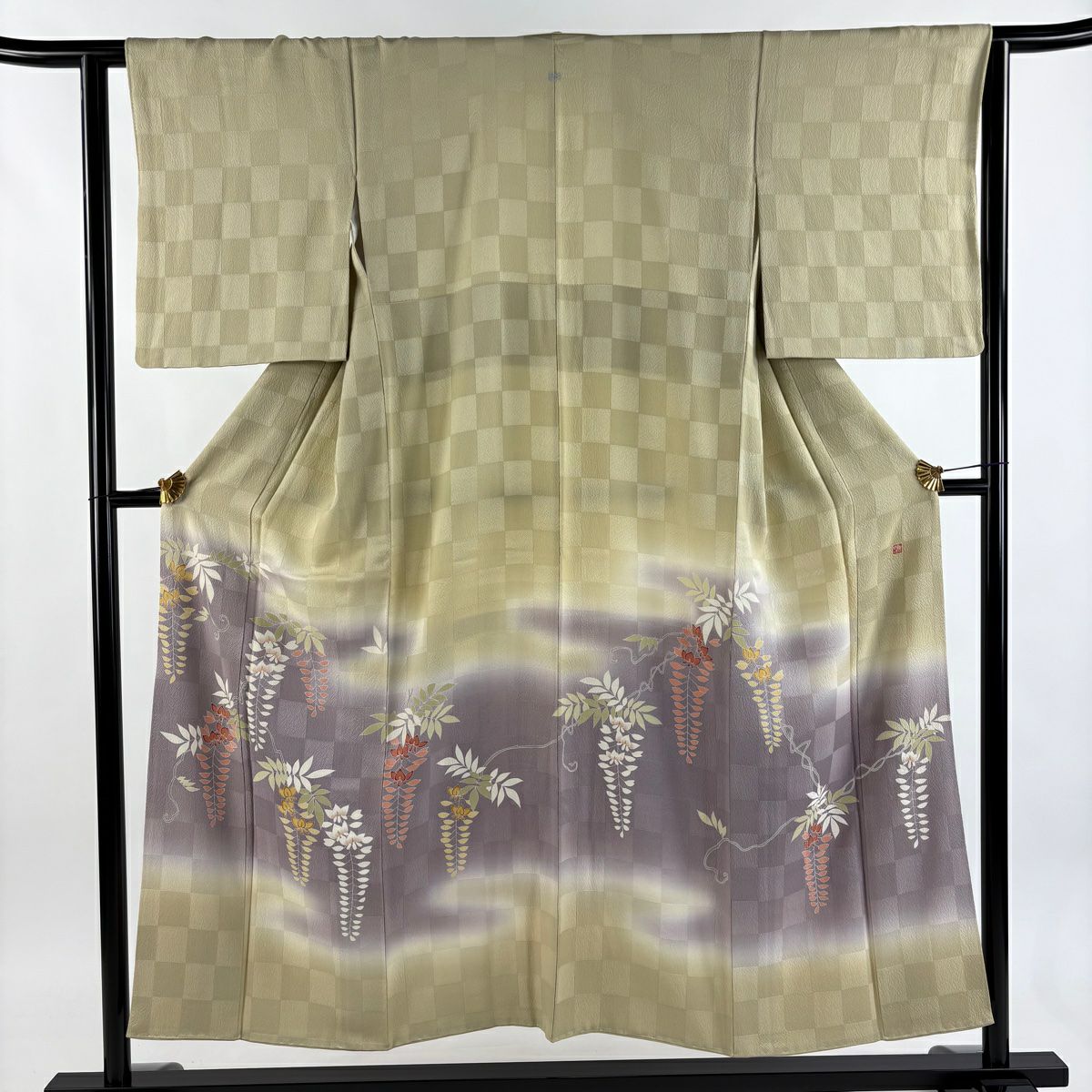 付下 身長150cm 袖長63cm S 雙層 落款 藤 市松樹 金銀彩 漸層 米色 純蠶絲 秀品級 一つ紋