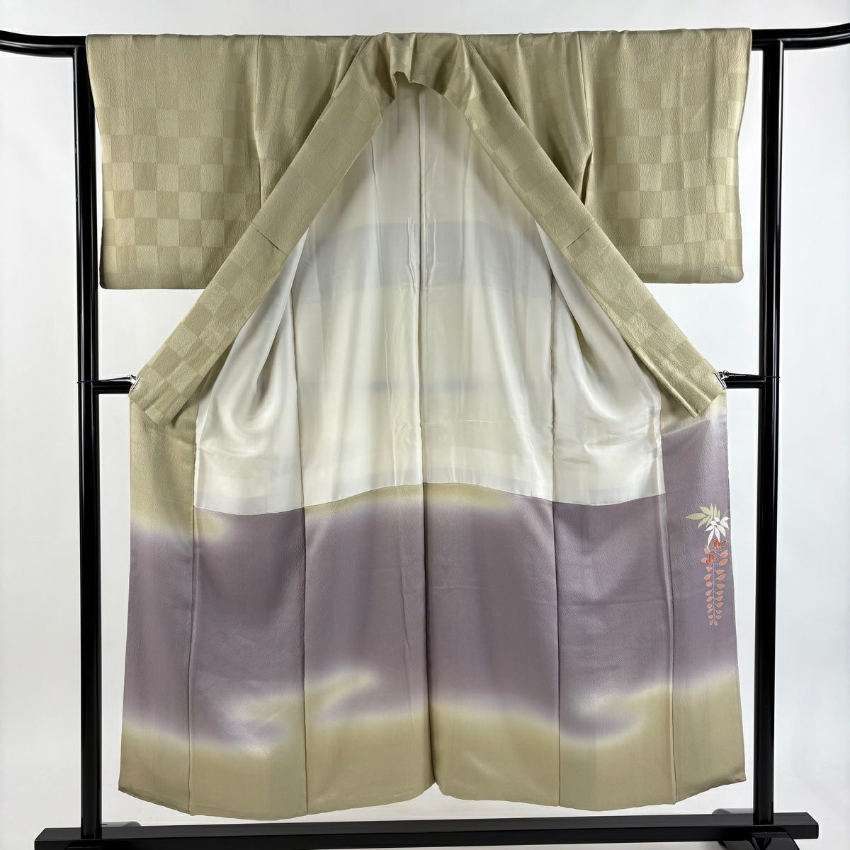 付下 身長150cm 袖長63cm S 雙層 落款 藤 市松樹 金銀彩 漸層 米色 純蠶絲 秀品級 一つ紋