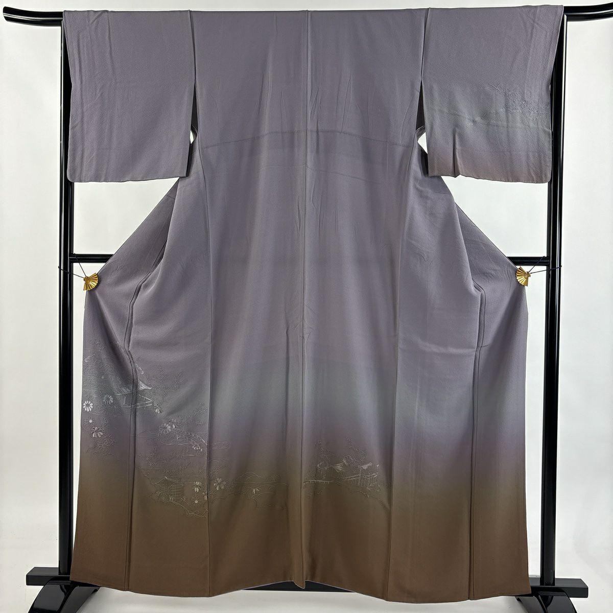 付下 身長159.5cm 袖長65.5cm M 雙層 菊花 建築 刺繡 漸層 灰紫 純蠶絲 優品級