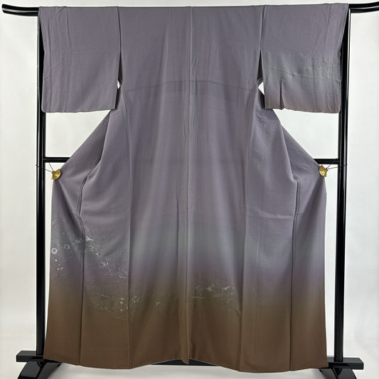 付下 身長159.5cm 袖長65.5cm M 雙層 菊花 建築 刺繡 漸層 灰紫 純蠶絲 優品級