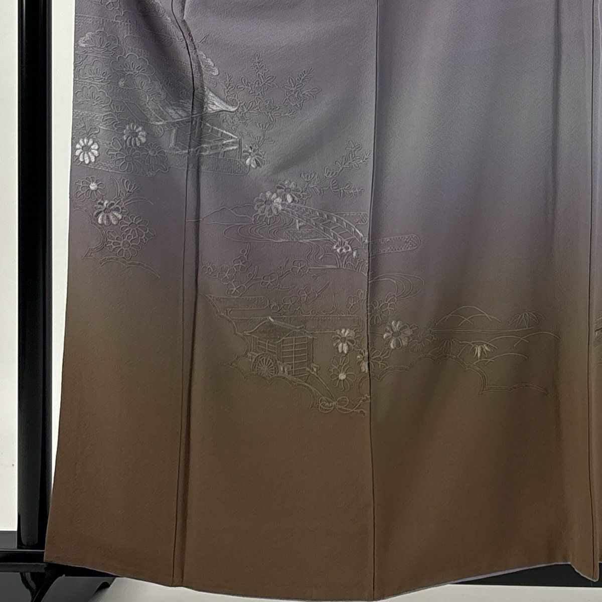 付下 身長159.5cm 袖長65.5cm M 雙層 菊花 建築 刺繡 漸層 灰紫 純蠶絲 優品級