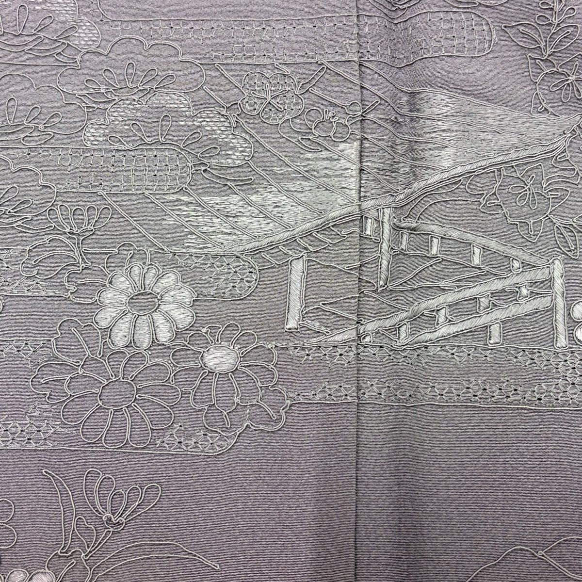 付下 身長159.5cm 袖長65.5cm M 雙層 菊花 建築 刺繡 漸層 灰紫 純蠶絲 優品級
