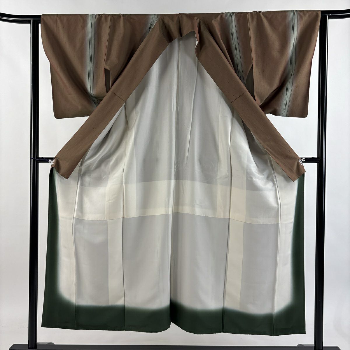 紬織 身長150.5cm 袖長63cm S 雙層 矢羽根 縱條 茶 純蠶絲 秀品級