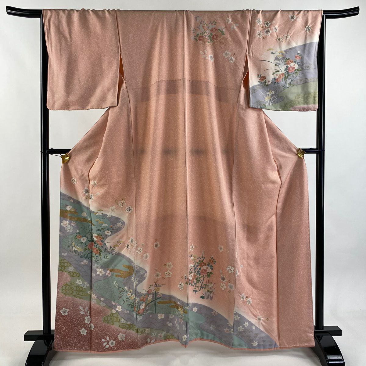 訪問服 身長162cm 袖長67.5cm L 雙層 充棉仕立 椿 流水 金彩裝飾 絞染 鮭粉色 純蠶絲 優品級