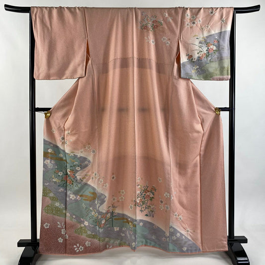 訪問服 身長162cm 袖長67.5cm L 雙層 充棉仕立 椿 流水 金彩裝飾 絞染 鮭粉色 純蠶絲 優品級