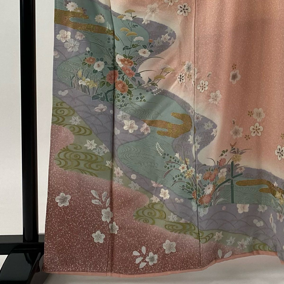 訪問服 身長162cm 袖長67.5cm L 雙層 充棉仕立 椿 流水 金彩裝飾 絞染 鮭粉色 純蠶絲 優品級