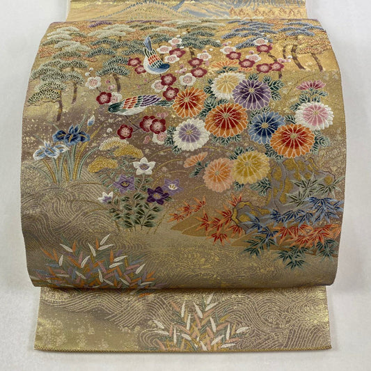 袋帶 秀品級 關西仕立 松樹竹子梅花 鳥 金絲 金金箔 金色 六通 純蠶絲