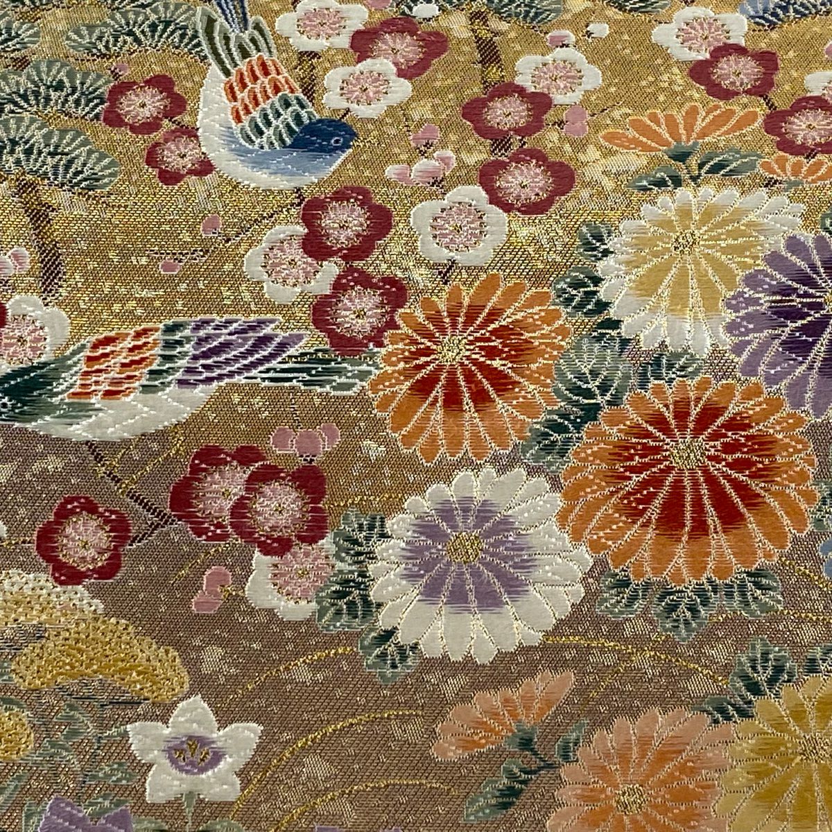 袋帶 秀品級 關西仕立 松樹竹子梅花 鳥 金絲 金金箔 金色 六通 純蠶絲