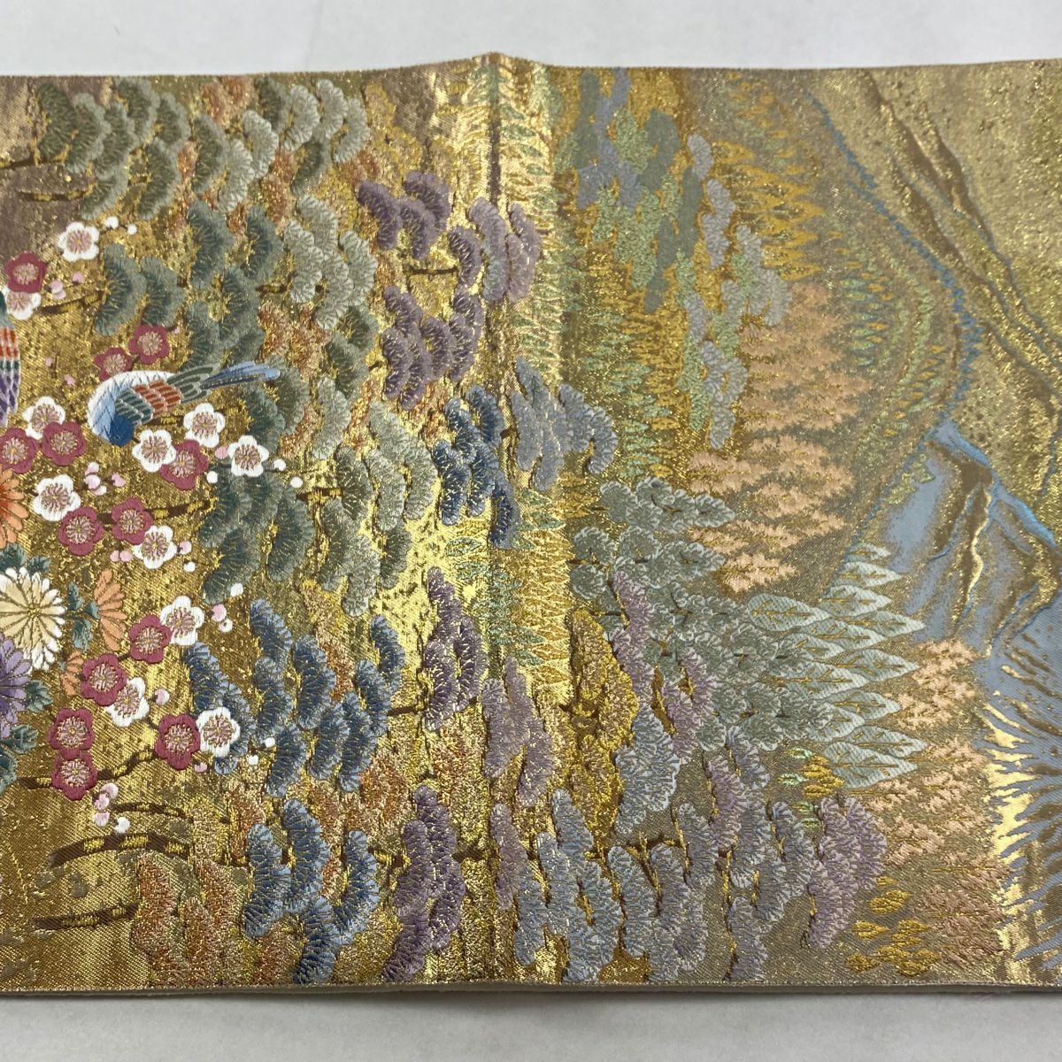 袋帶 秀品級 關西仕立 松樹竹子梅花 鳥 金絲 金金箔 金色 六通 純蠶絲