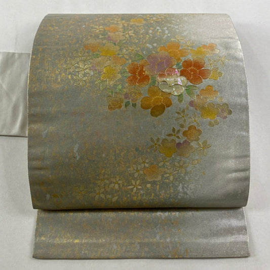 【美品】名古屋帶 秀品級 草花紋紋 螺鈿 金銀彩 銀 純蠶絲