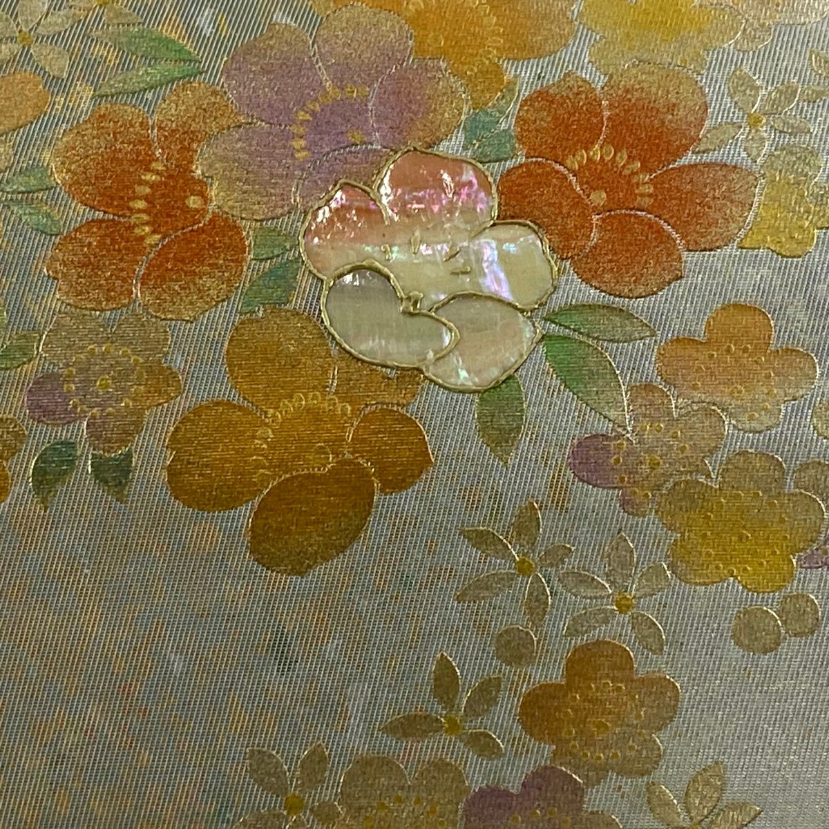 【美品】名古屋帶 秀品級 草花紋紋 螺鈿 金銀彩 銀 純蠶絲