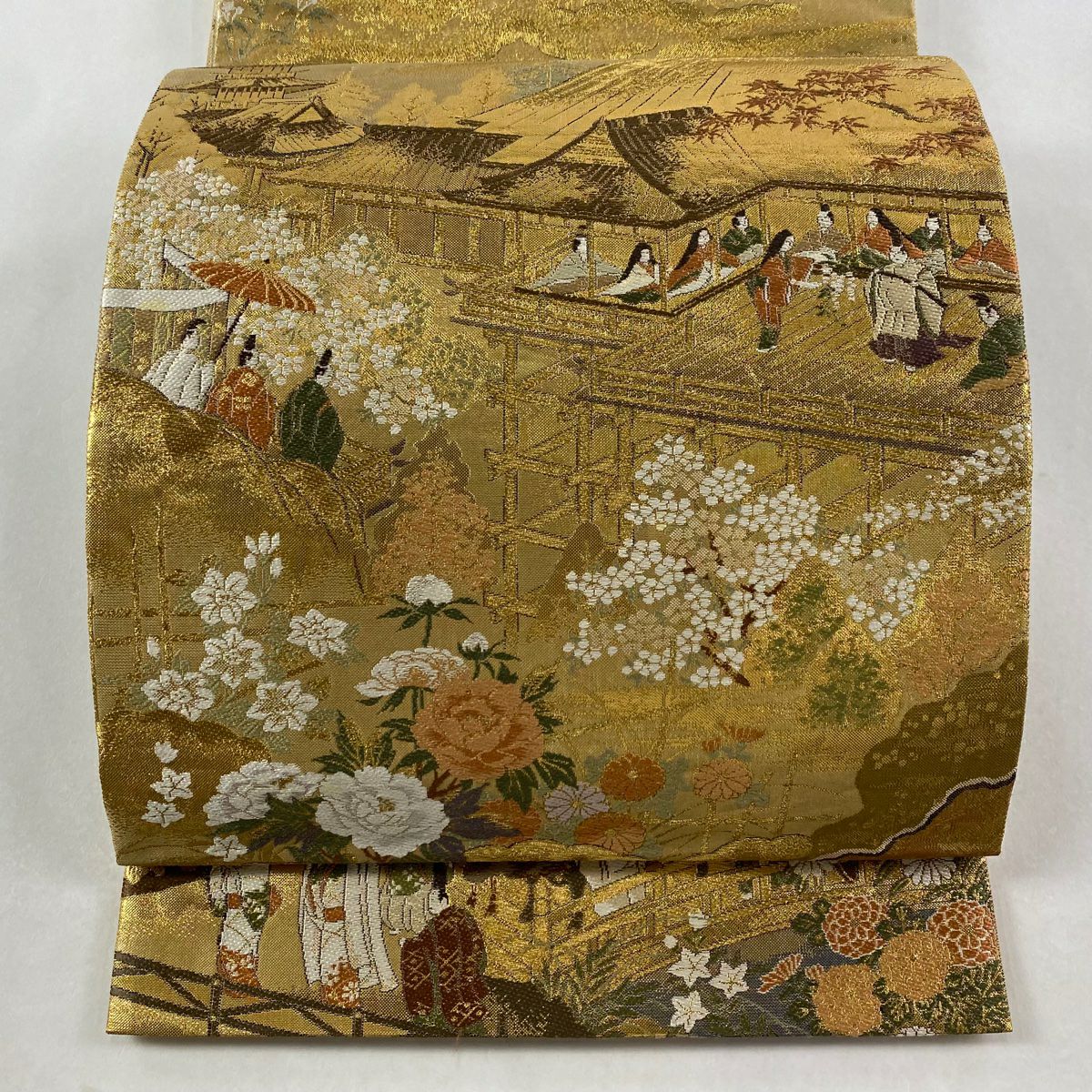 袋帶 秀品級 風景 人物 金絲 金金箔 金色 大鼓圖案 純蠶絲
