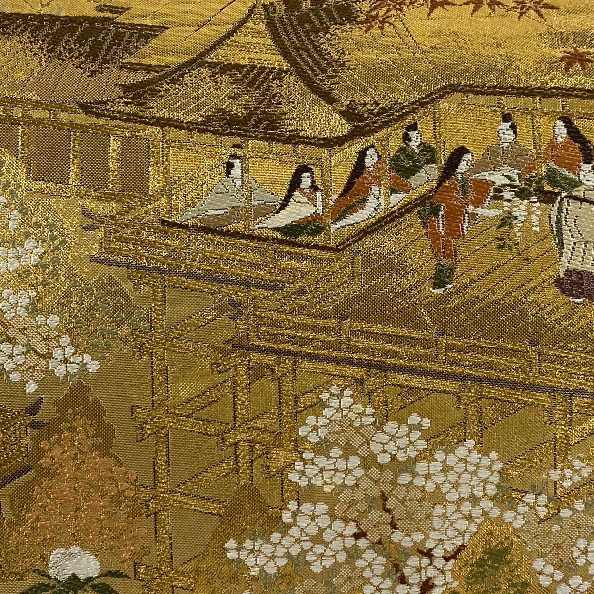 袋帶 秀品級 風景 人物 金絲 金金箔 金色 大鼓圖案 純蠶絲