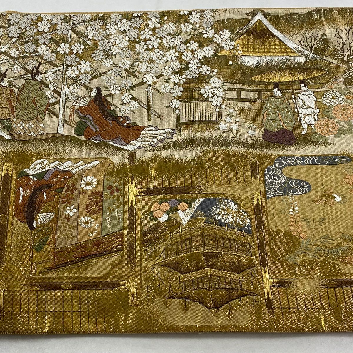 袋帶 秀品級 風景 人物 金絲 金金箔 金色 大鼓圖案 純蠶絲
