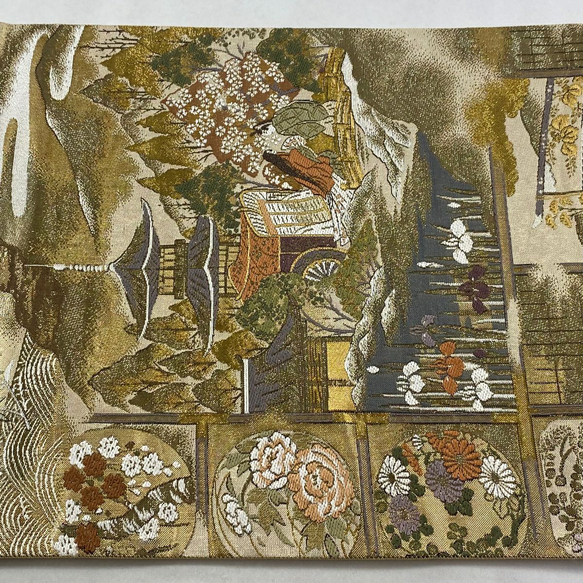 袋帶 秀品級 風景 人物 金絲 金金箔 金色 大鼓圖案 純蠶絲