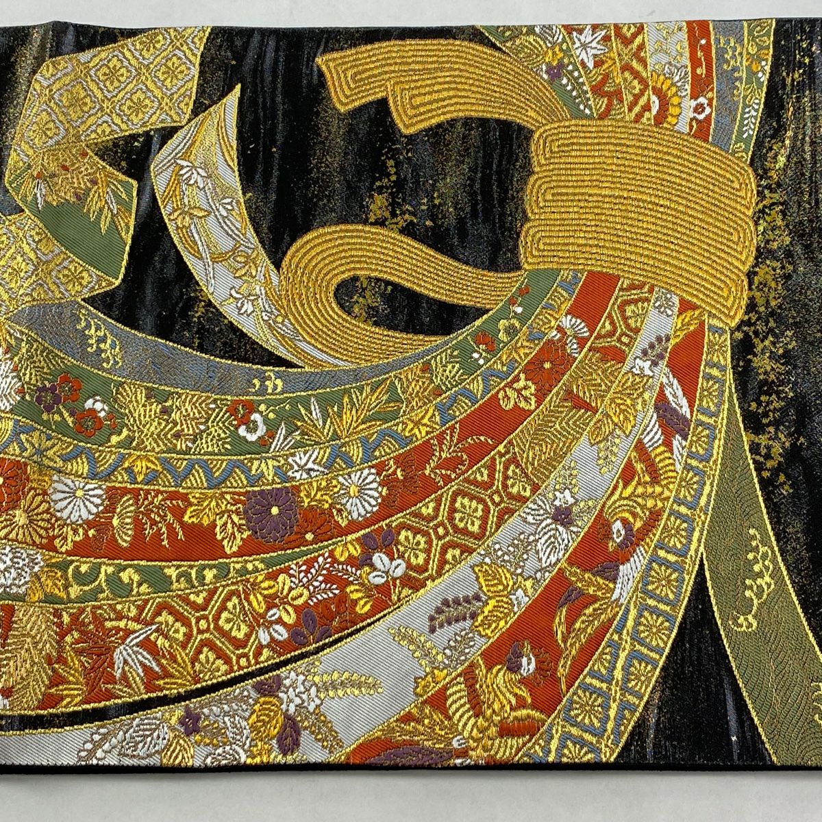 【美品】 袋帶 秀品級 束捆熨斗紋 花鳥 金銀線 金金箔 黑 六通 純蠶絲
