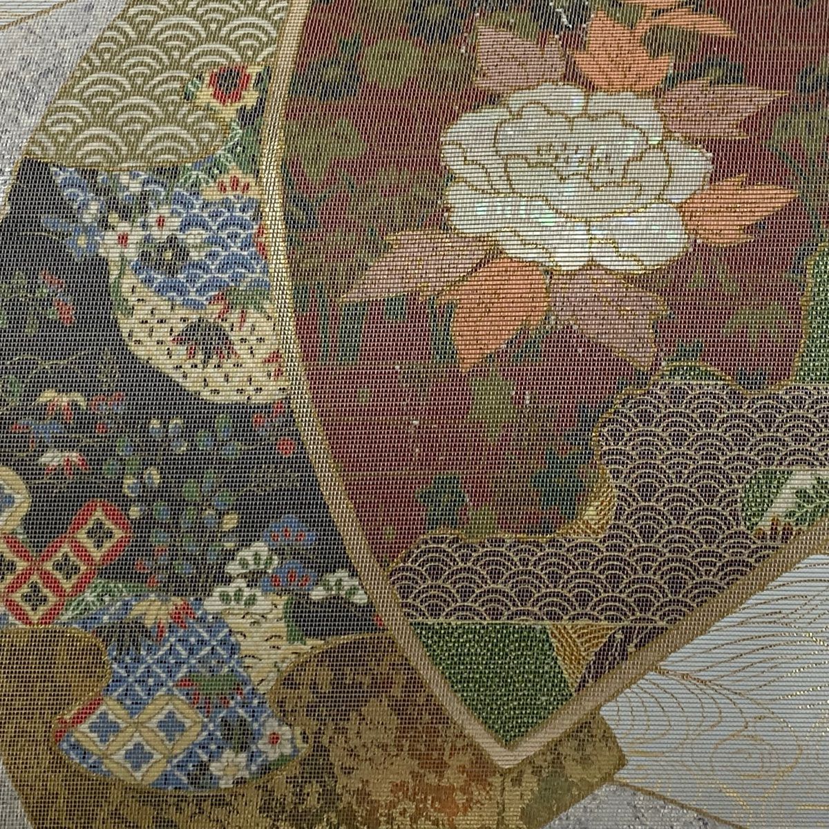 【美品】 袋帶 秀品級 扇子面 草花紋紋 螺鈿 金銀彩 太鼓圖案 純蠶絲