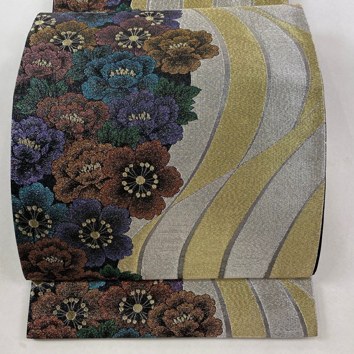 【美品】 袋帶 秀品級 草花紋紋 幾何學 金銀線 金金箔 銀 六通 純蠶絲