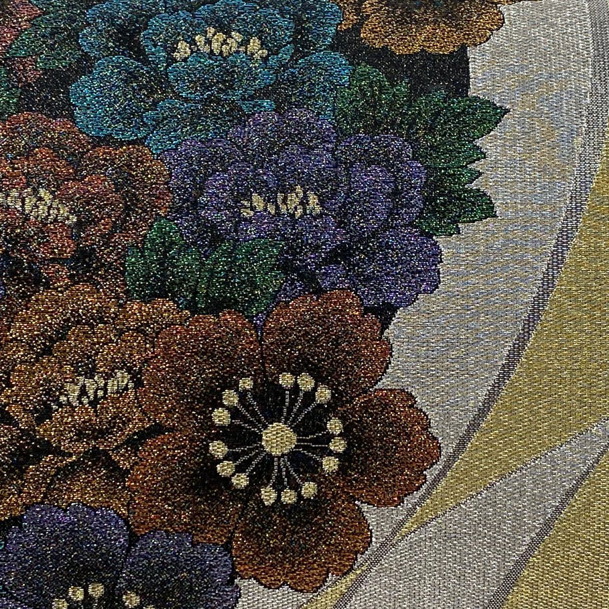 【美品】 袋帶 秀品級 草花紋紋 幾何學 金銀線 金金箔 銀 六通 純蠶絲