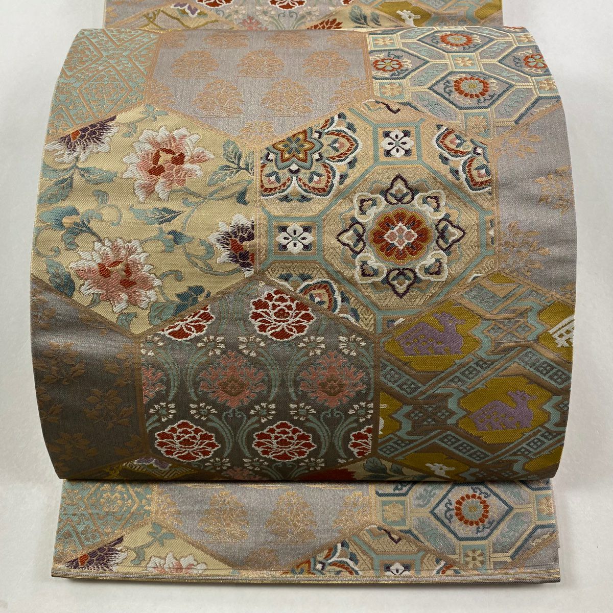 【美品】 袋帶 秀品級 草花紋紋 龜甲 金金箔 灰紫 六通 純蠶絲