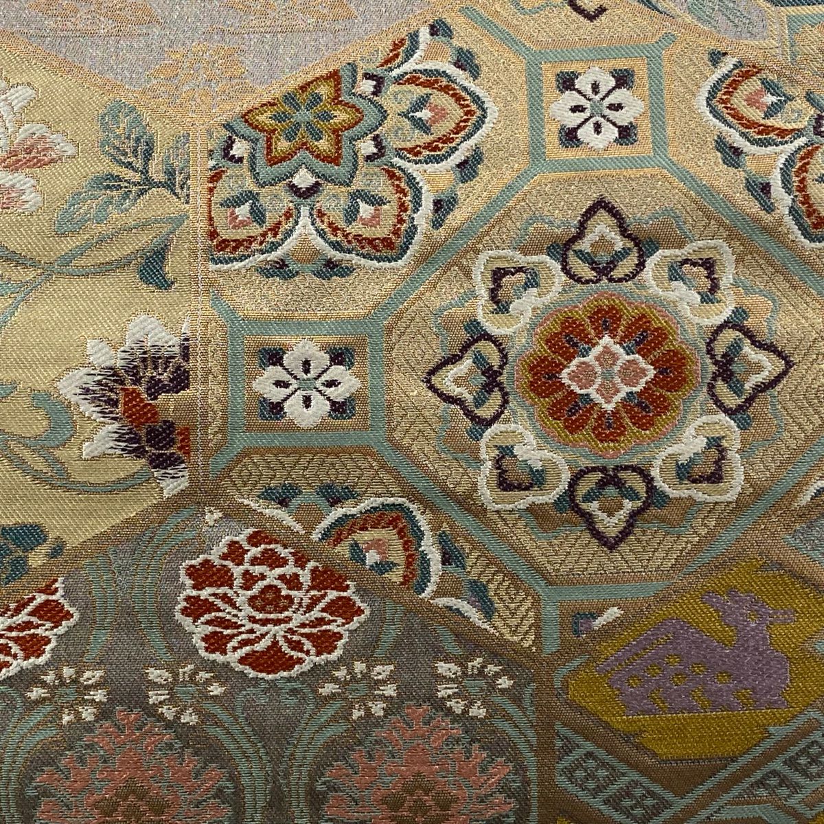 【美品】 袋帶 秀品級 草花紋紋 龜甲 金金箔 灰紫 六通 純蠶絲