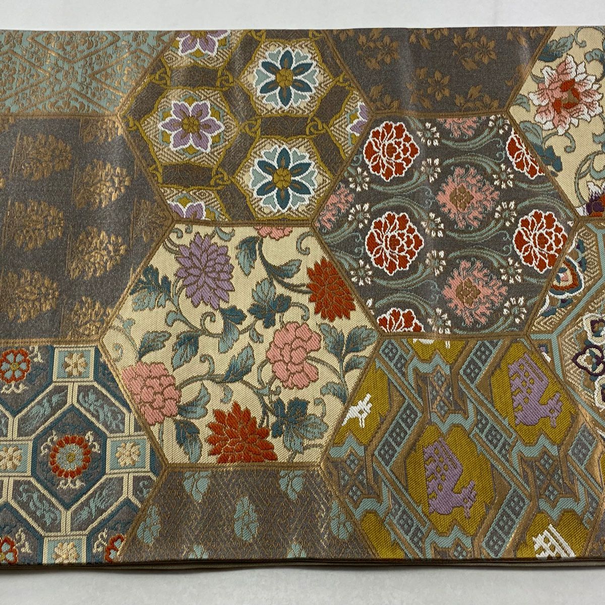 【美品】 袋帶 秀品級 草花紋紋 龜甲 金金箔 灰紫 六通 純蠶絲