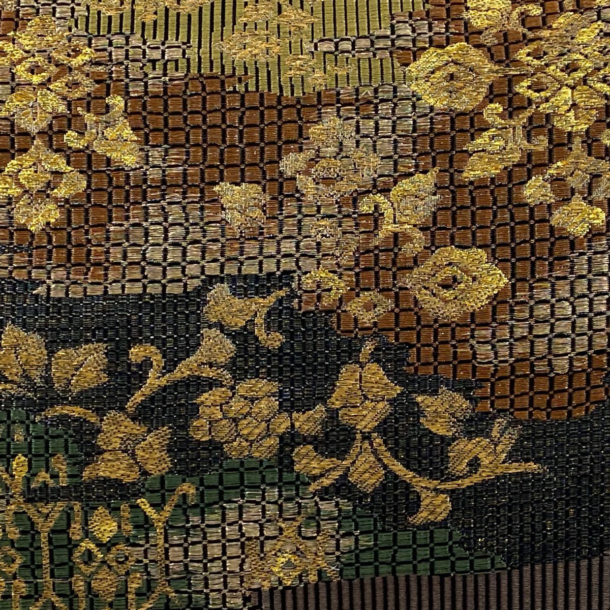【美品】 袋帶 秀品級 草花紋紋 霞 金絲 金金箔 黑 六通 純蠶絲