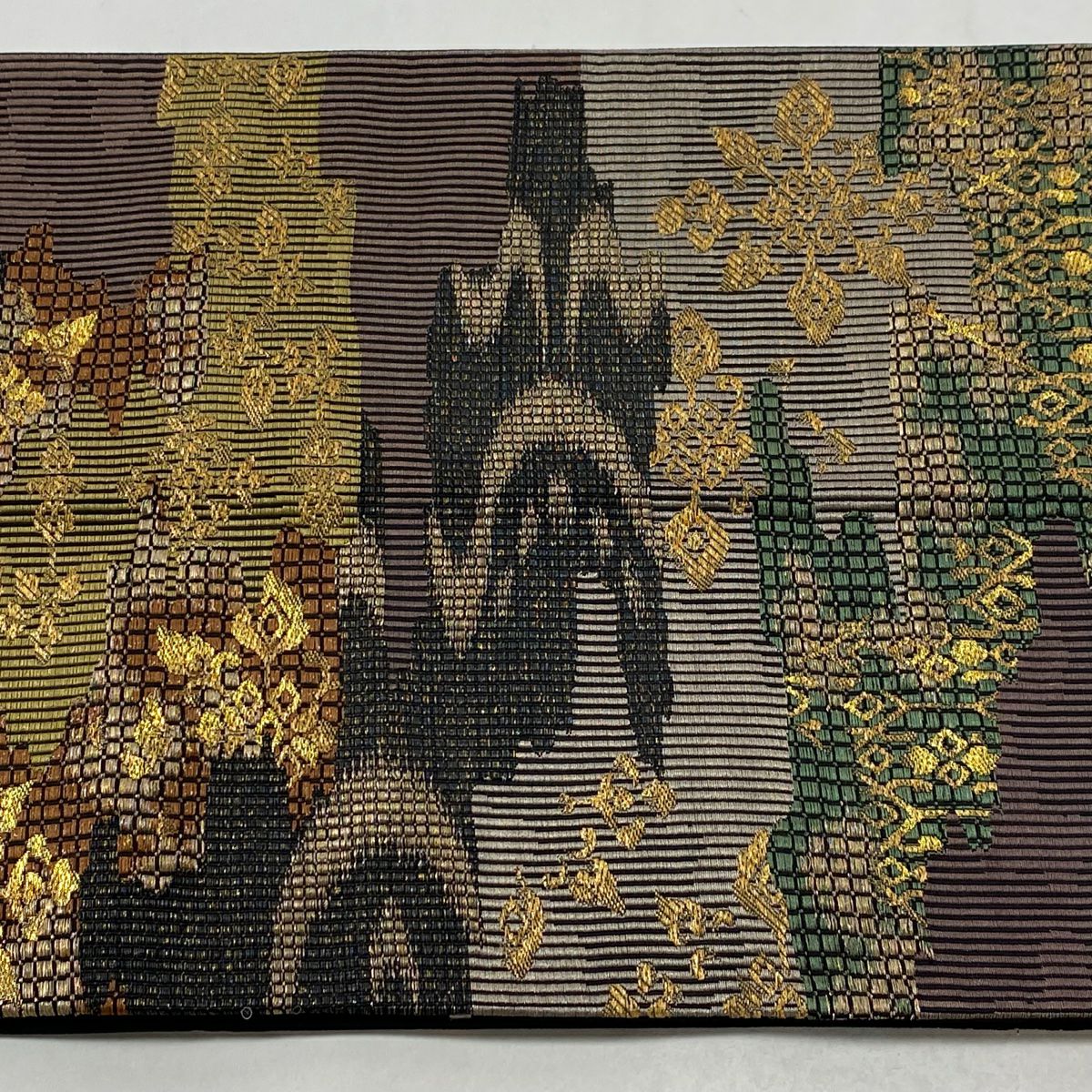 【美品】 袋帶 秀品級 草花紋紋 霞 金絲 金金箔 黑 六通 純蠶絲