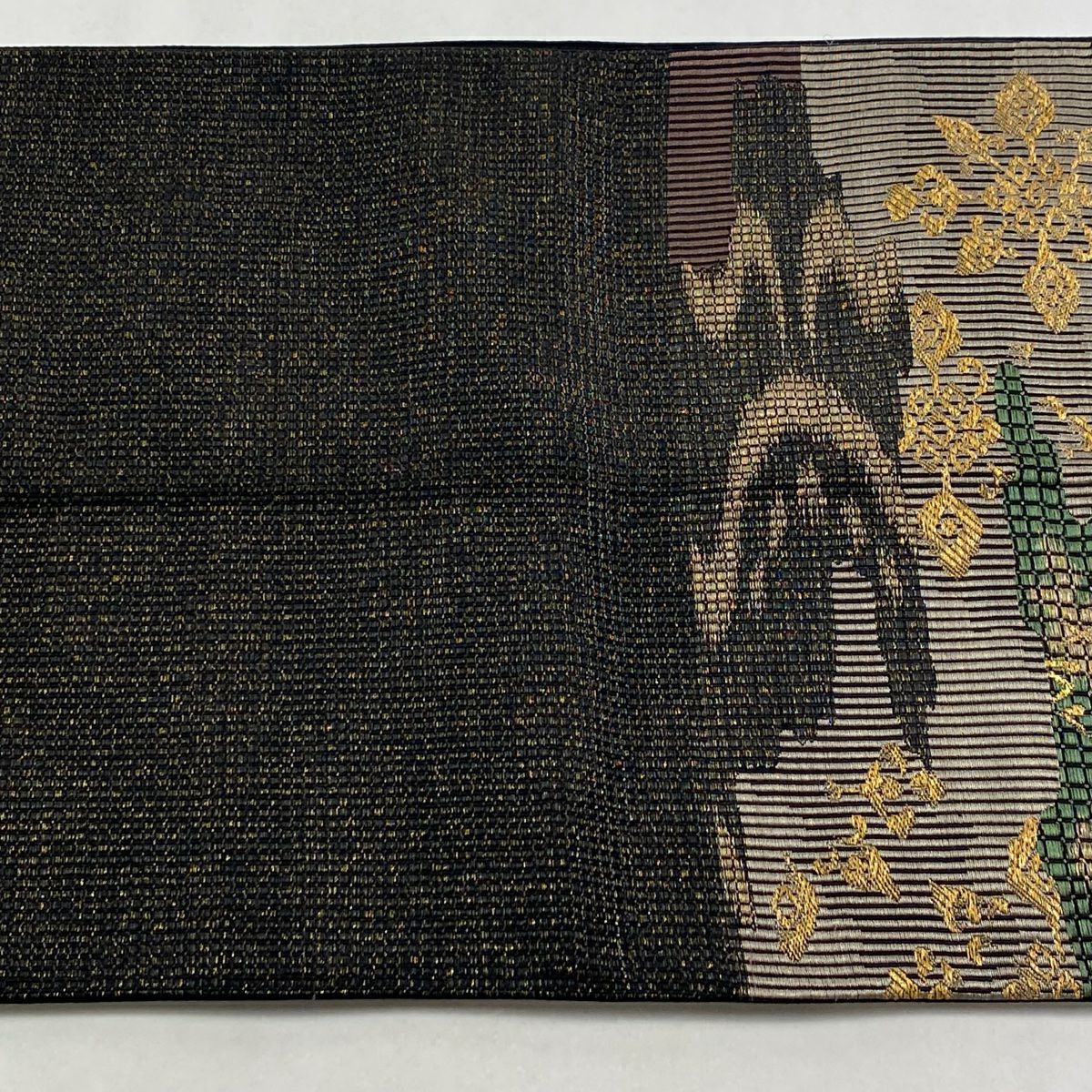 【美品】 袋帶 秀品級 草花紋紋 霞 金絲 金金箔 黑 六通 純蠶絲