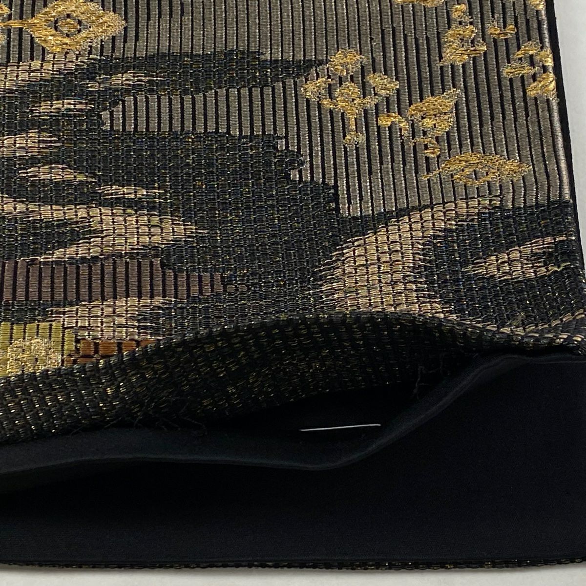 【美品】 袋帶 秀品級 草花紋紋 霞 金絲 金金箔 黑 六通 純蠶絲