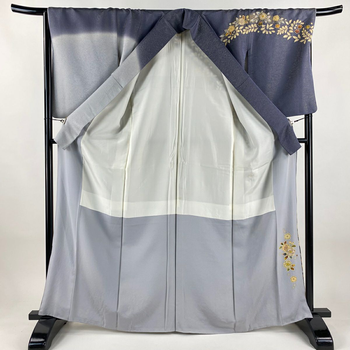 訪問服 身長165.5cm 袖長67.5cm L 雙層 德永憲峯 落款あり 辻花染 金通し 漸層 灰紫 純蠶絲 逸品級