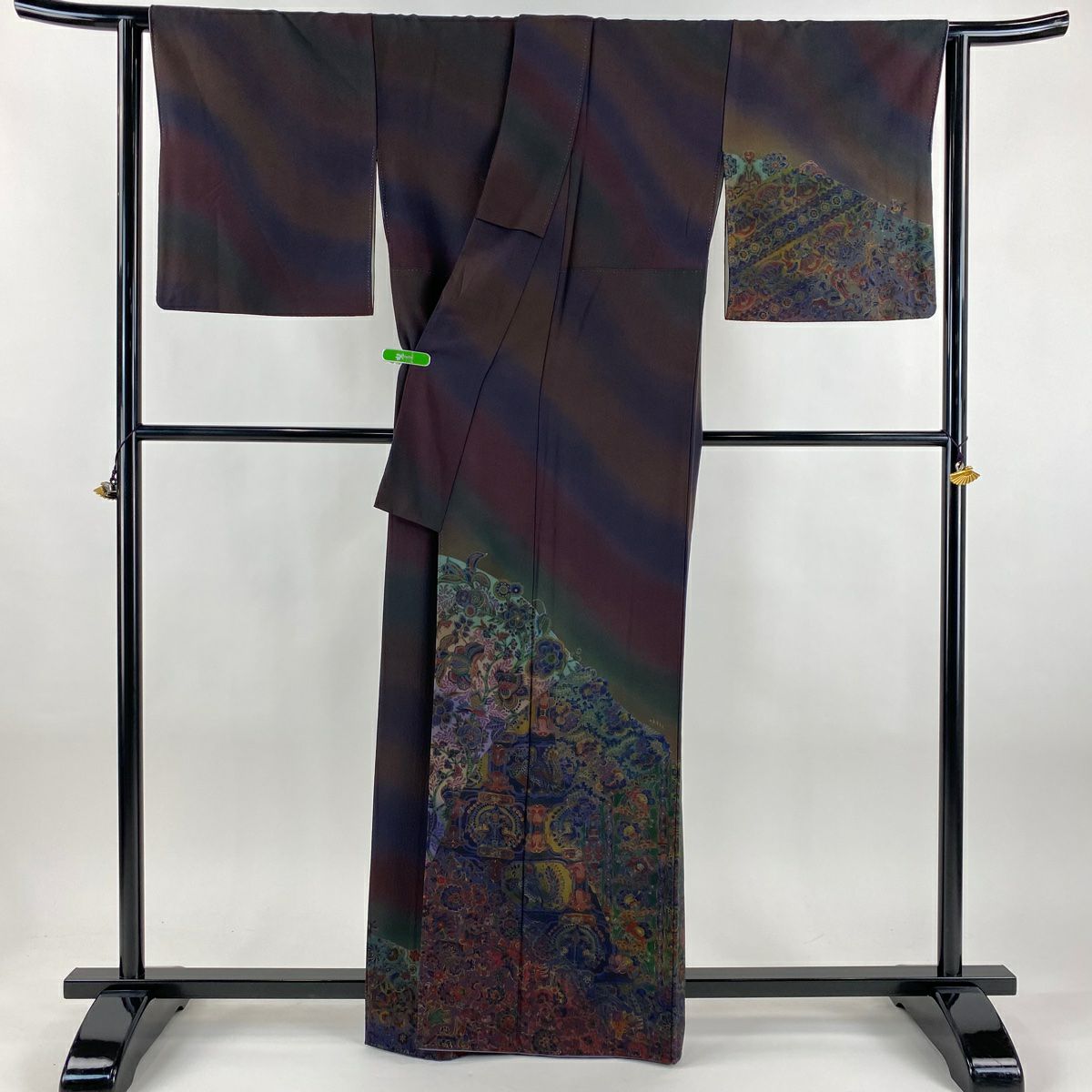付下 身長163cm 袖長66cm M 雙層 前田仁仙 落款 草花紋紋 鳥 金銀彩 染分 濃紫 純蠶絲 逸品級
